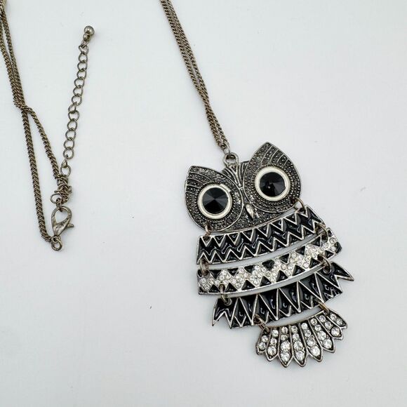 Vintage Art Deco Style Owl Pendant Necklace – Black Enamel & Rhinestone Long - Picture 8 of 13